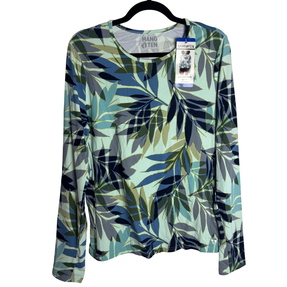 NWT Hang Ten Long Sleeve Sun Tee UPF 50+ Tropical Leaf Print Blue Green Size L